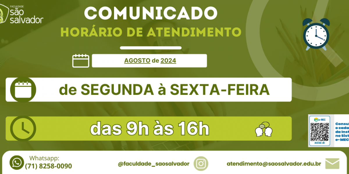 Horário de atendimento - AGOSTO de 2024